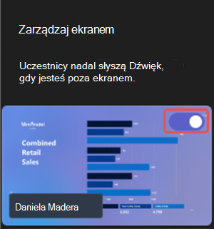 Zrzut ekranu z wyróżnionym sposobem udostępniania widocznej zawartości podczas wydarzenia w aplikacji Microsoft Teams.