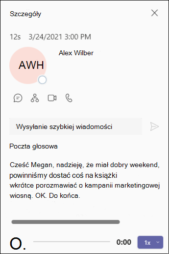 Ekran Szczegółów poczty głosowej aplikacji Teams