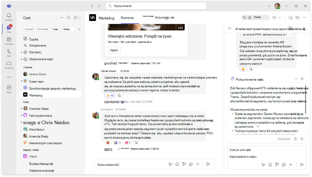Zrzut ekranu przedstawiający podsumowanie copilot w wątku kanału