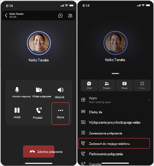Zrzut ekranu przedstawiający kroki przenoszenia połączenia z aplikacji Teams Phone Mobile na telefon komórkowy