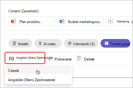 Zrzut ekranu przedstawiający sposób zmiany języka transkrypcji w podsumowaniu spotkania.