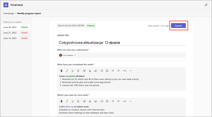 Aktualizacja pokazująca dostępny przycisk Prześlij