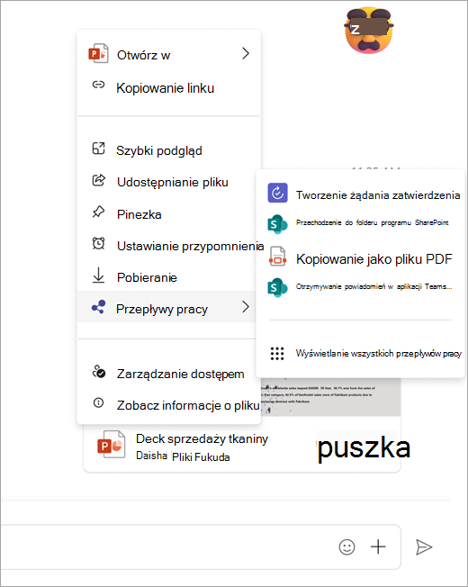 Zrzut ekranu przedstawiający menu przepływu pracy otwarte z poziomu pliku udostępnionego