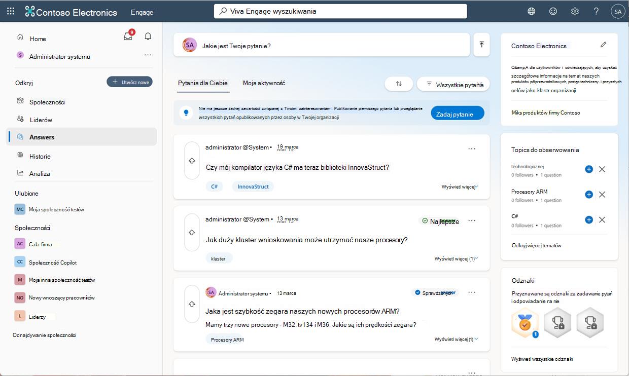 Odpowiedzi na stronie głównej platformy Viva ze wszystkimi głównymi elementami