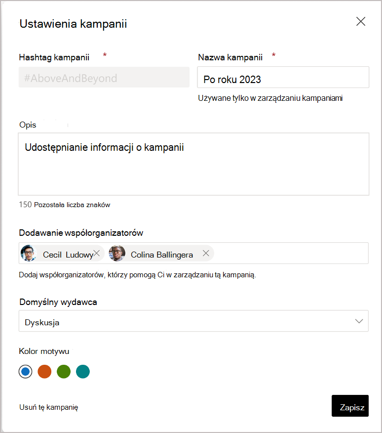 Administrator usługi Engage i administratorzy globalni mogą przypisywać współorganizatorów.