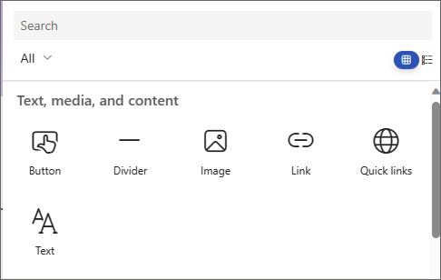 Zrzut ekranu przedstawiający panel wybierania składnika Web Part, zawierający przycisk, separator, obraz, link, szybkie linki i tekst.