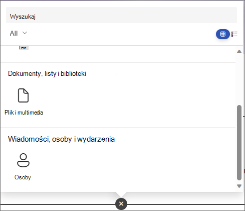 Zrzut ekranu okienka wybierania składnika Web Part z wyświetlonymi składnikami Web Part Plik i multimedia oraz People.
