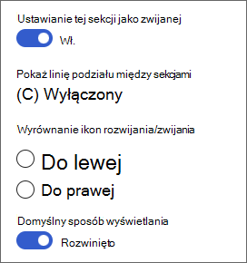 Zrzut ekranu przedstawiający opcje dla sekcji zwijanych w przyborniku sekcji.