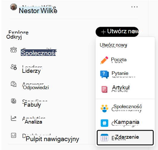 Lewe okienko nawigacji Engage zawiera menu Utwórz nowy.