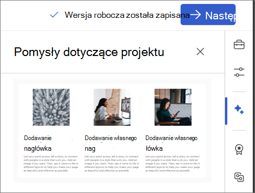 Zrzut ekranu przedstawiający wybraną ikonę Pomysły dotyczące projektu.