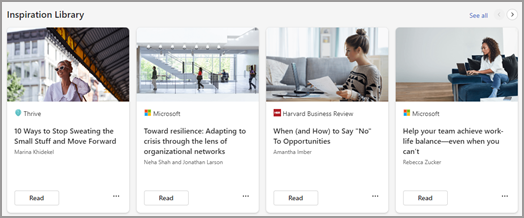 Zasoby biblioteczne z inspiracjami obejmują firmy Microsoft, Harvard Business Review i Thrive.