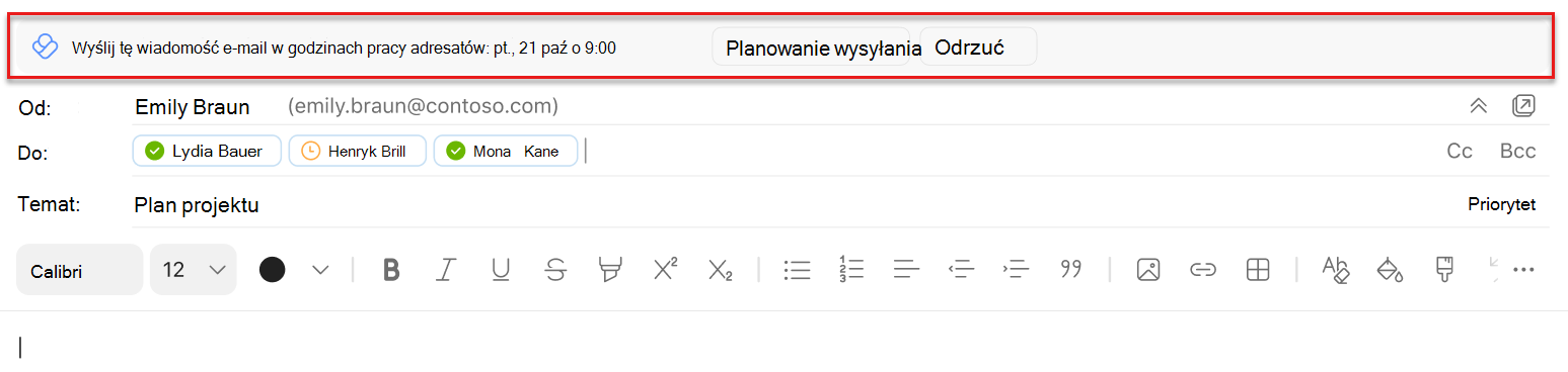 Zrzut ekranu przedstawiający harmonogram wysyłania sugestii w programie Outlook Komputer Mac wyróżniony powyżej wiersza Od
