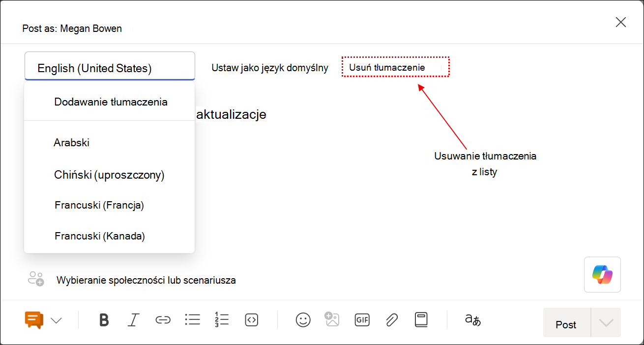 Zrzut ekranu przedstawiający interakcje z funkcją tłumaczenia