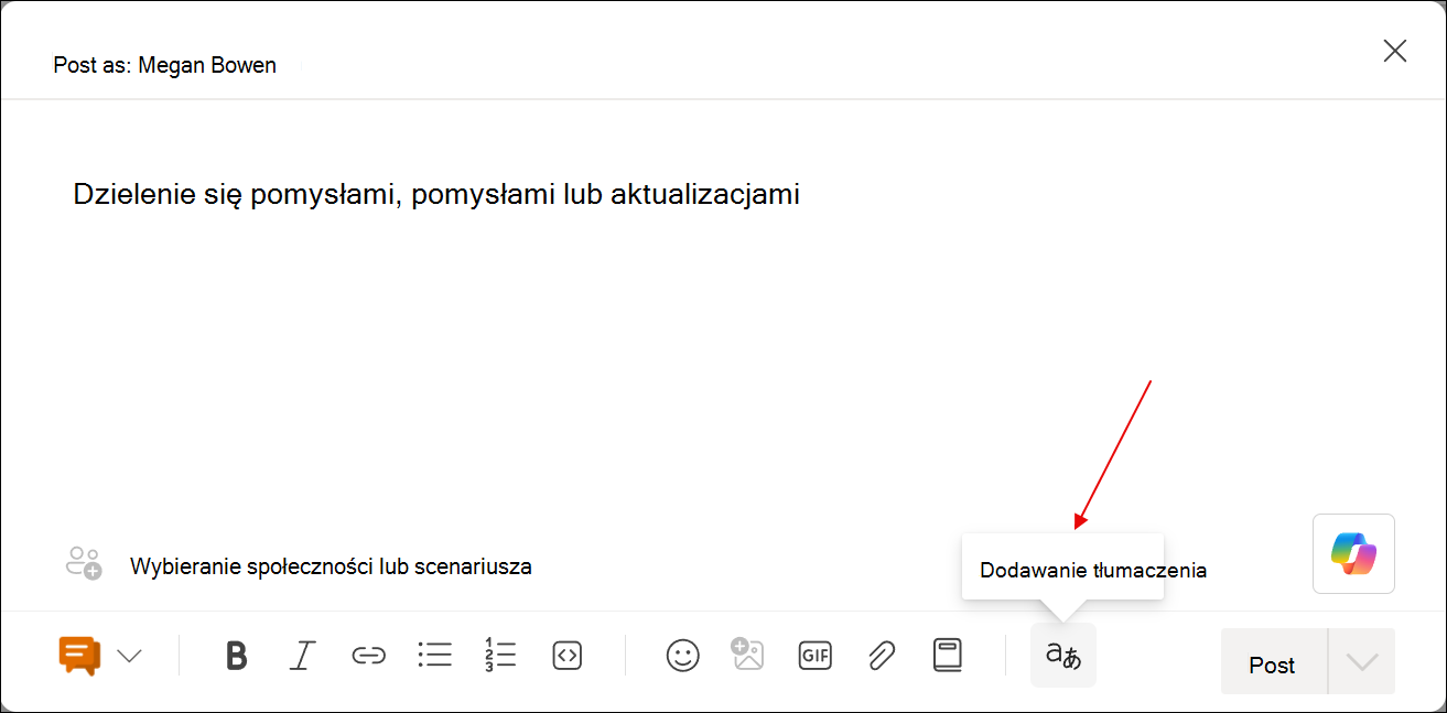 Zrzut ekranu przedstawiający okno dialogowe tworzenia wpisów z narzędziem Dodaj tłumaczenia
