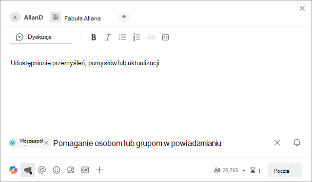 Zrzut ekranu przedstawiający miejsce prezentacji Moje zespoły w ogłoszeniu o nowym scenariuszu