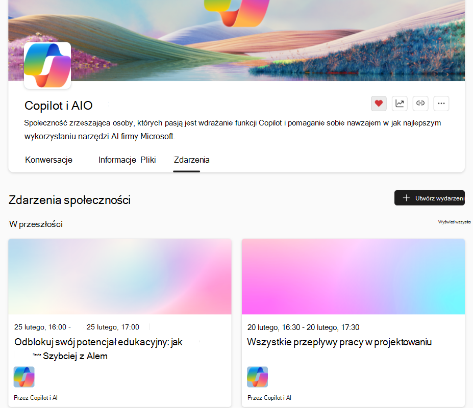 Otwórz społeczność, a następnie wybierz kartę Wydarzenia, aby wyświetlić przeszłe i przyszłe wydarzenia.