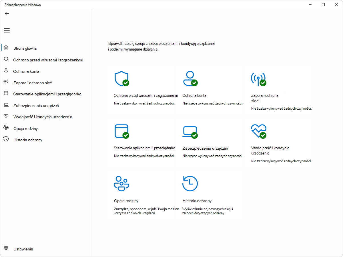 Zrzut ekranu przedstawiający Zabezpieczenia Windows — okienko Strona główna.