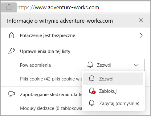 Obraz przedstawiający uprawnienia powiadomień na pasku adresu przeglądarki Edges.