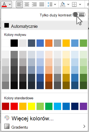 Zrzut ekranu przedstawia lokalizację przycisku przełącznika Duży kontrast.