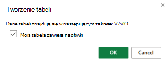 Okno dialogowe Tworzenie tabeli z polem wyboru wybranym dla opcji Moja tabela ma nagłówki.