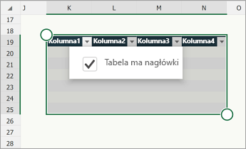 Tabela z zaznaczonym polem wyboru Tabela ma nagłówki