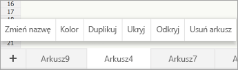 Zaznaczona karta arkusza z wyświetlonym poleceniem Zmień nazwę