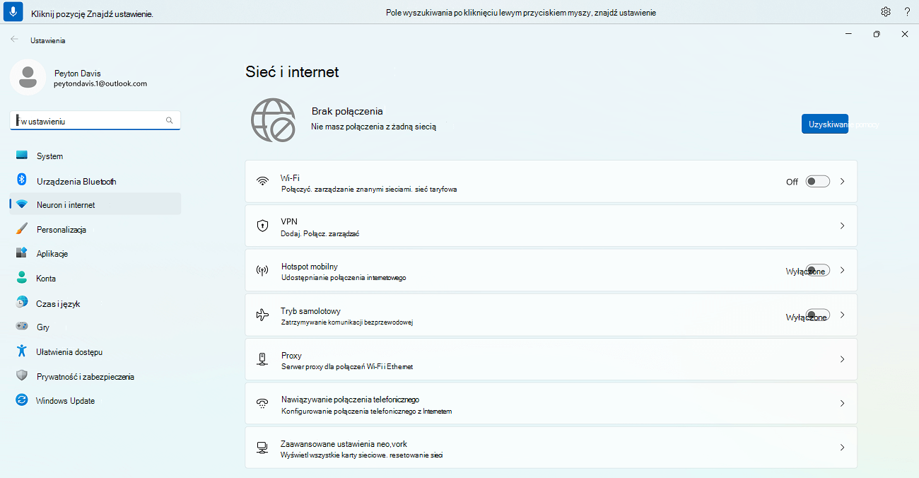 Polecenie dostępu głosowego Kliknij pozycję Znajdź ustawienie używane w systemie Windows Network & ustawień internetowych.