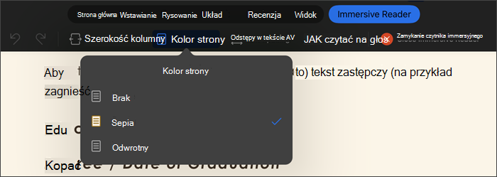 zrzut ekranu przedstawiający czytnik immersyjny z wybranym kolorem strony, opcje to brak, sepia, inwersja