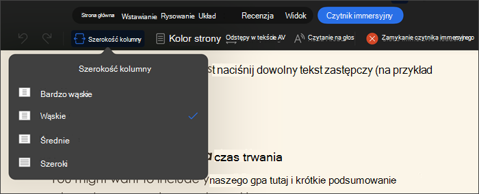 zrzut ekranu przedstawiający czytnik immersyjny z wybraną szerokością kolumny, opcje to bardzo wąska, wąska, umiarkowana, szeroka