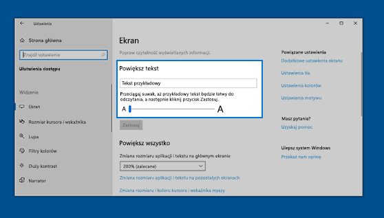 Aby powiększyć wszystko, łącznie z obrazami i aplikacjami, wybierz odpowiednią opcję z menu rozwijanego w obszarze Powiększ wszystko.