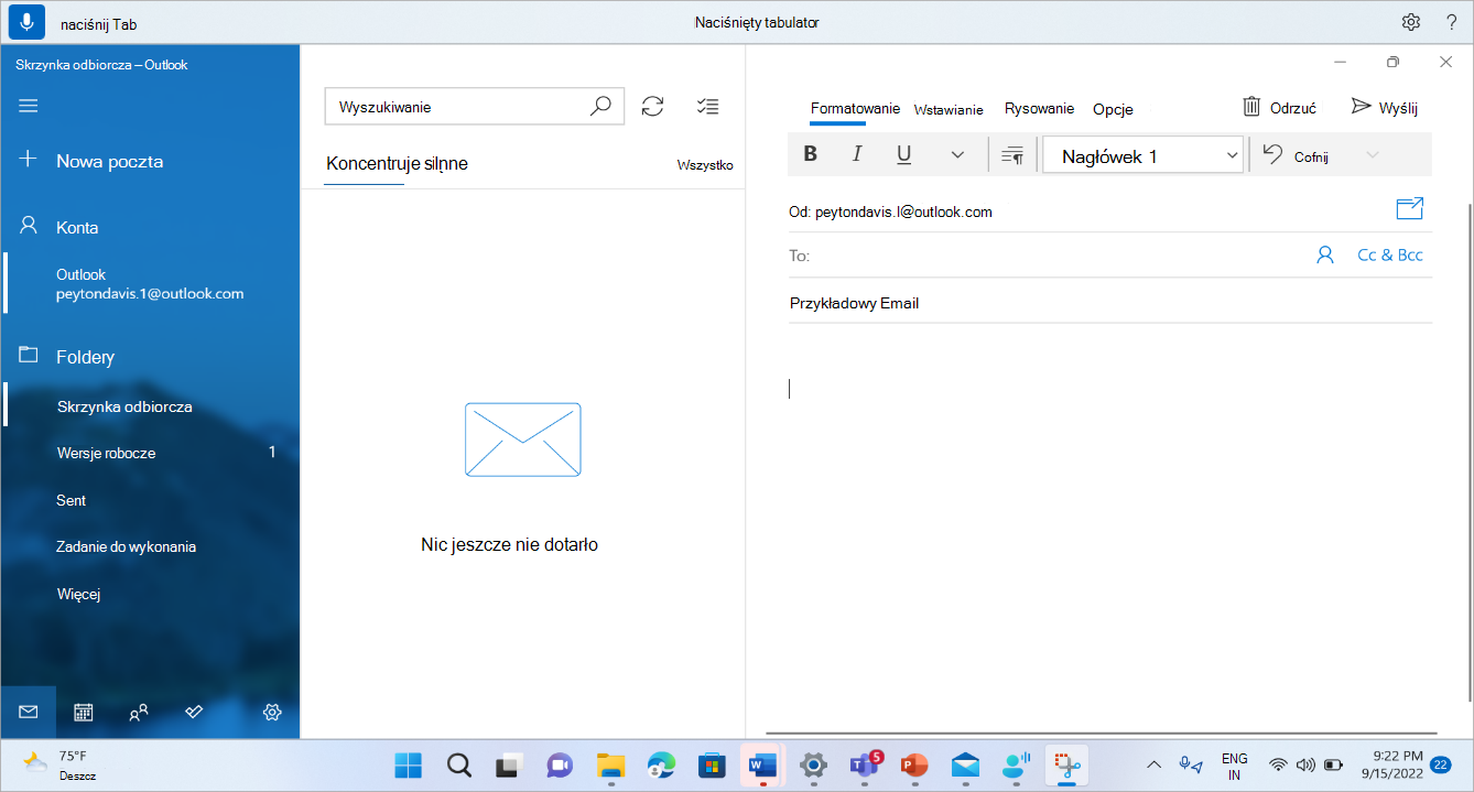 Okno redagowania wiadomości e-mail w aplikacji Poczta z wyświetlonym poleceniem dostępu głosowego Naciśnij klawisz Tab.