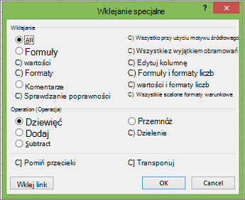 Okno dialogowe Wklejanie specjalne.