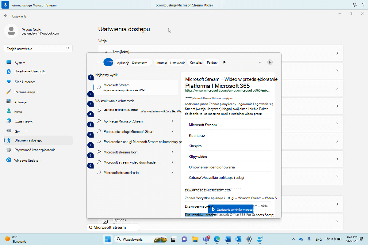 Okno dialogowe otwierania Microsoft Stream z dostępem głosowym systemu Windows.