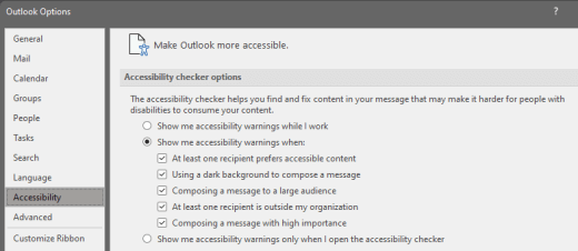 Opcja Sprawdzanie ułatwień dostępu w programie Outlook dla systemu Windows.