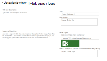 Opis witryny i tekst alternatywny logo witryny w Project Online
