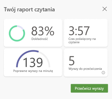 zrzut ekranu przedstawiający dane z sesji trenera czytania, dokładność, czas spędzony na czytaniu, poprawne wyrazy na minutę oraz liczbę wyrazów do ćwiczenia.