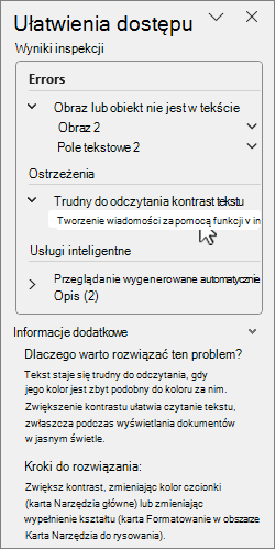 Okienko Ułatwienia dostępu z wynikami inspekcji