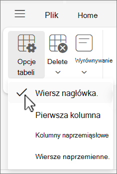Menu Opcje tabeli z wybraną opcją Wiersz nagłówka w Outlook w sieci Web.