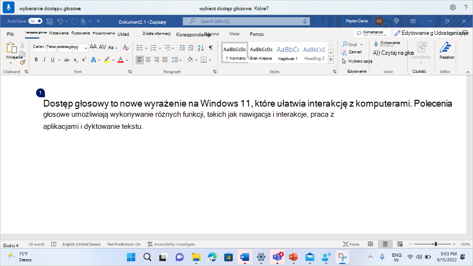 Word dokumencie z wyświetlonym poleceniem dostępu głosowego z prośbą o wybranie jednego wystąpienia wielu wystąpień.