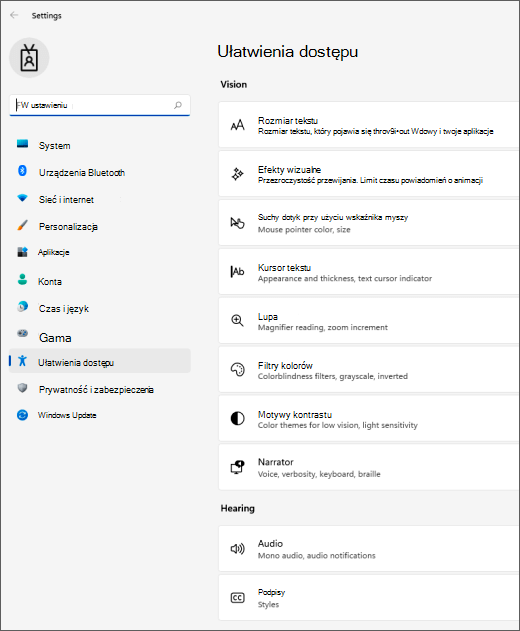 Ustawienia ułatwień dostępu w systemie Windows 11