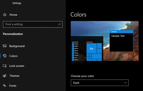 Tryb ciemny systemu Windows wybrany w ustawieniach personalizacji komputera.
