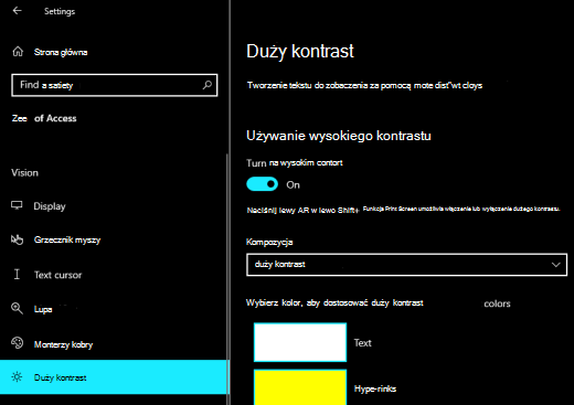 Opcje dużego kontrastu w systemie Windows z zaznaczonym czarnym dużym kontrastem.