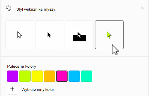 Opcje wskaźnika myszy systemu Windows z wybranym kolorem niestandardowym.
