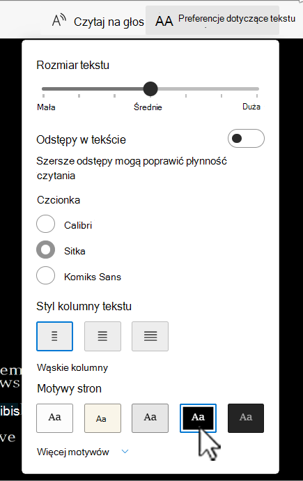 Czytnik immersyjny opcji preferencji tekstowych w Word