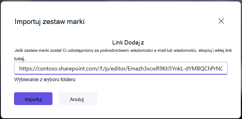 Zaimportuj zestaw marki, wprowadzając link udostępniania otrzymany od innej osoby.