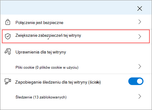 Menu informacji o witrynie przeglądarki Microsoft Edge z wyświetloną funkcją Popraw zabezpieczenia dla tej witryny.