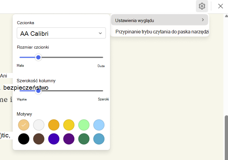 Zrzut ekranu przedstawiający tryb czytania— czcionka.