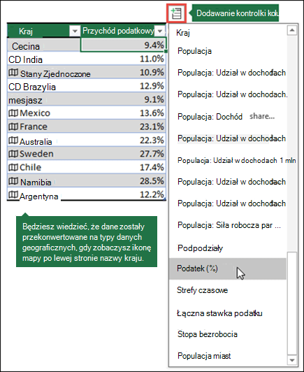 Dodaj kolumnę do typu danych geograficznych, wybierając właściwość za pomocą przycisku Dodaj kolumnę.
