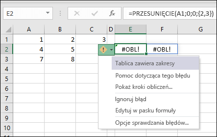 #CALC! błąd — tablica zawiera zakresy
