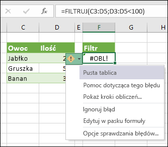 #CALC! błąd — opróżnianie tablicy